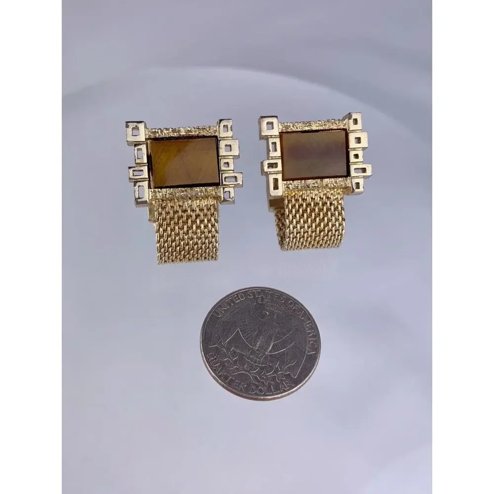Tigers Eye Mesh Wrap Gold Tone Cufflinks Squares Modernist Retro